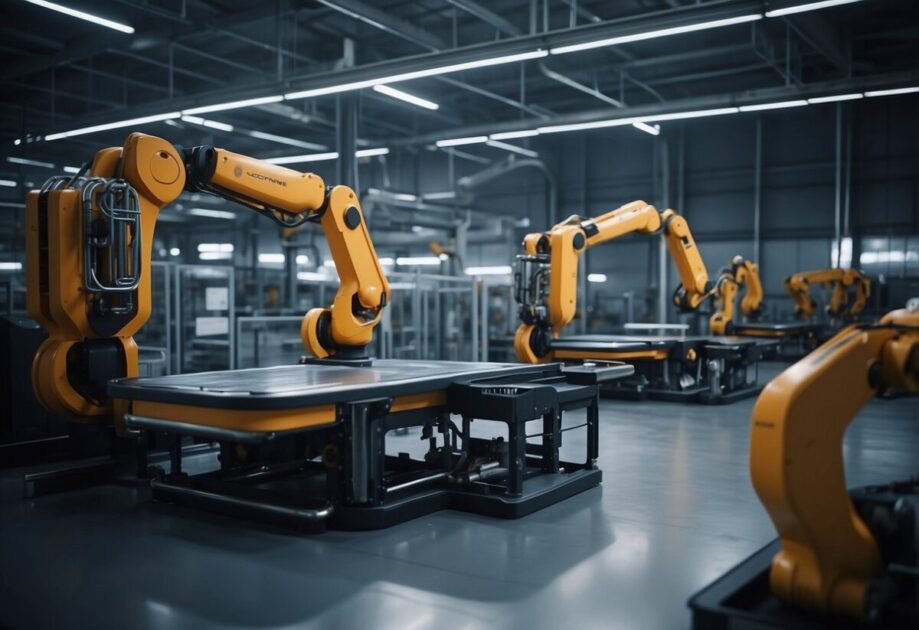 A futuristic factory floor with robotic arms and conveyor belts, utilizing AI tools for automation and mass customization in Industry 4.0