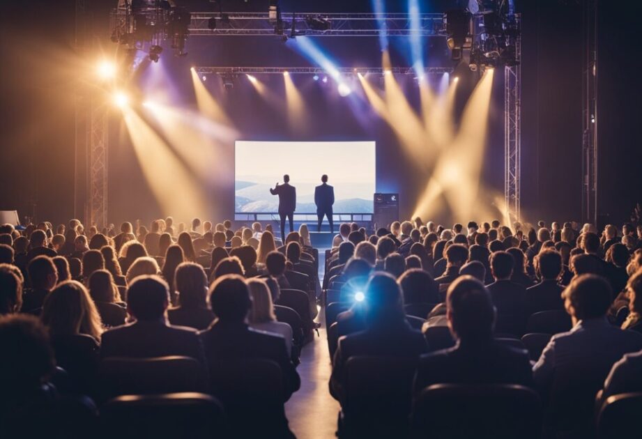 A dynamic speaker presents on innovation, surrounded by engaged audience members. Bright lights illuminate the stage, while a screen displays key points