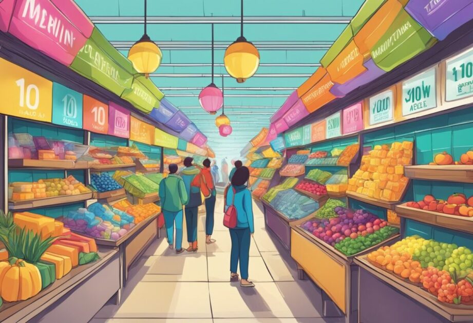 A colorful market with various products on display. A sign reads "Identifying Opportunities in the Current Market: 10 Innovative Ideas to Inspire You Today!"