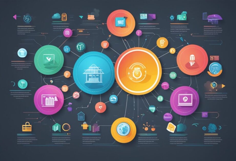 A vibrant infographic showcasing the 7 best online business models, with arrows and icons representing marketing strategies and growth