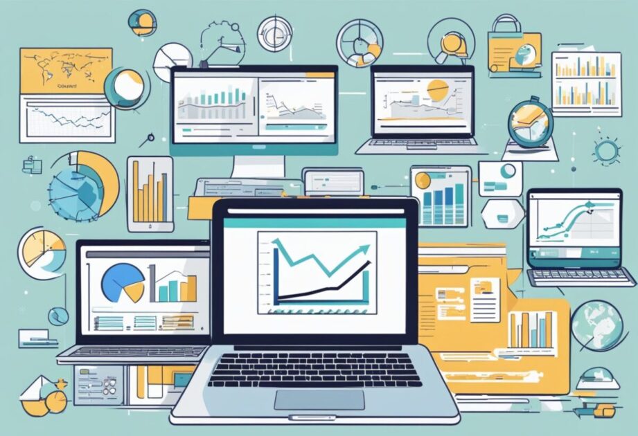 A laptop surrounded by various online business models, from beginner to advanced, with charts and graphs in the background