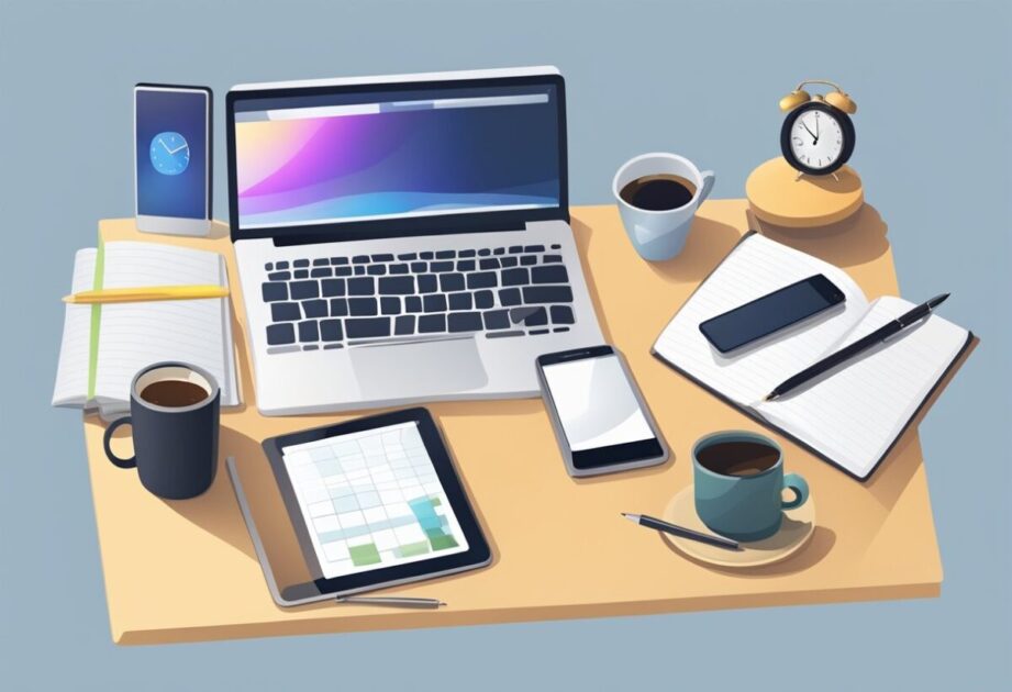 A desk with a computer, smartphone, notebook, and pen. A clock on the wall shows the time. A cup of coffee sits nearby