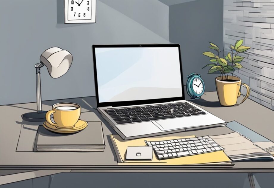 A desk with a computer, notebook, and pen. A clock on the wall shows the time. A cup of coffee sits nearby