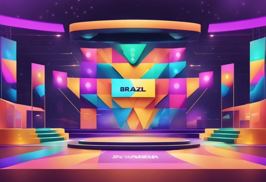 A stage with 8 podiums, each labeled with the name of a top innovation speaker in Brazil. The backdrop features futuristic technology and vibrant colors