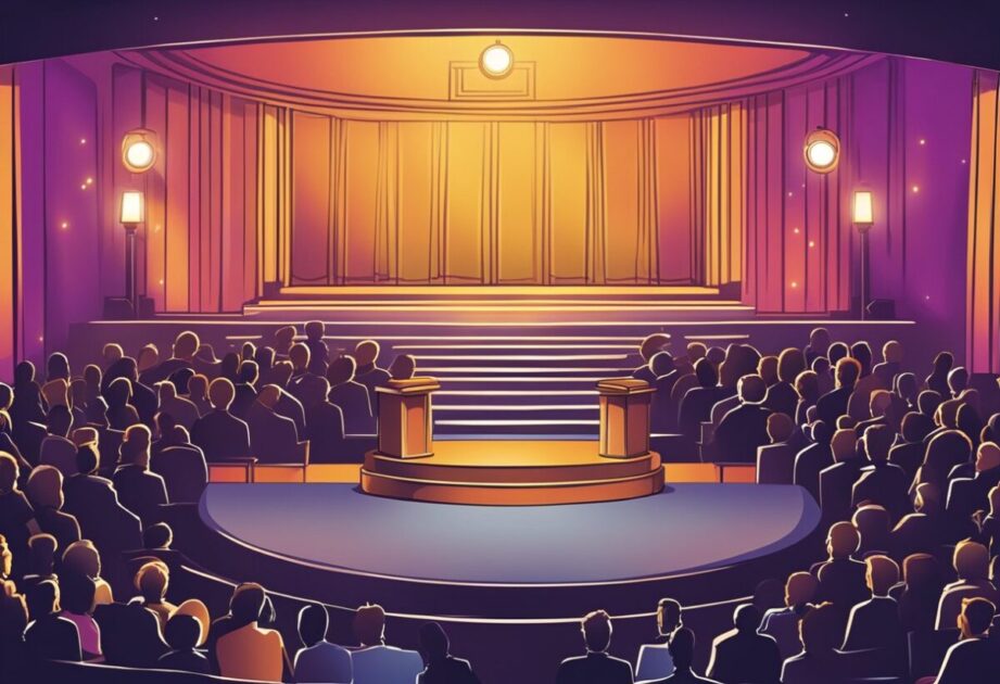 A stage with a vibrant backdrop, spotlights, and a podium. Audience seating filled with engaged listeners