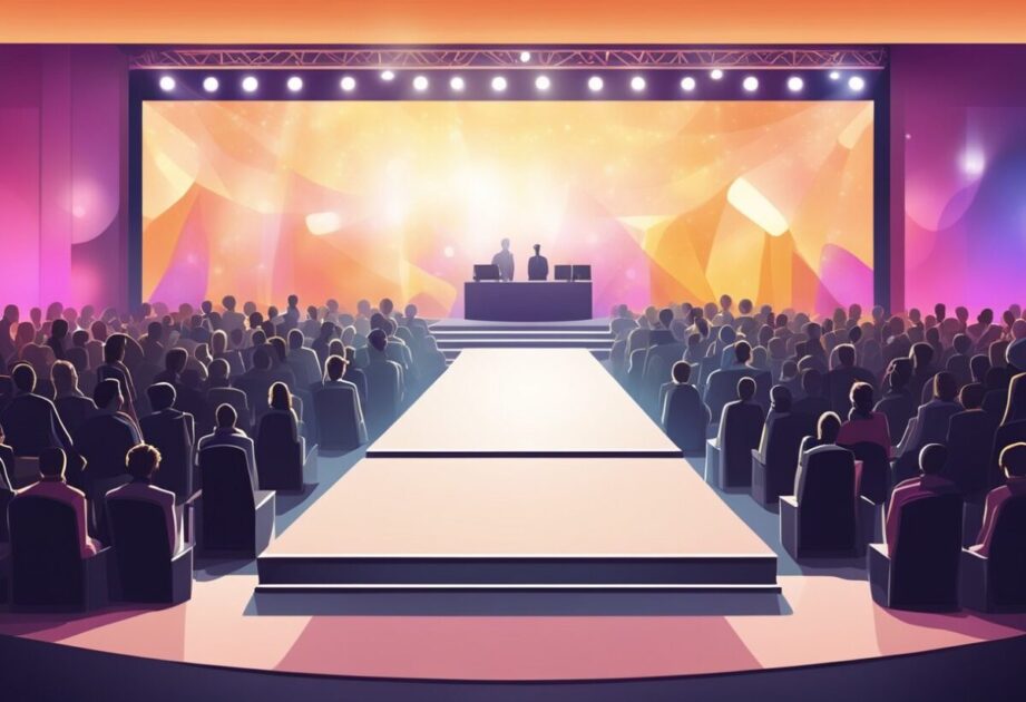 A stage with a podium and large screen, surrounded by an audience. Bright lights illuminate the area, creating a dynamic and engaging atmosphere