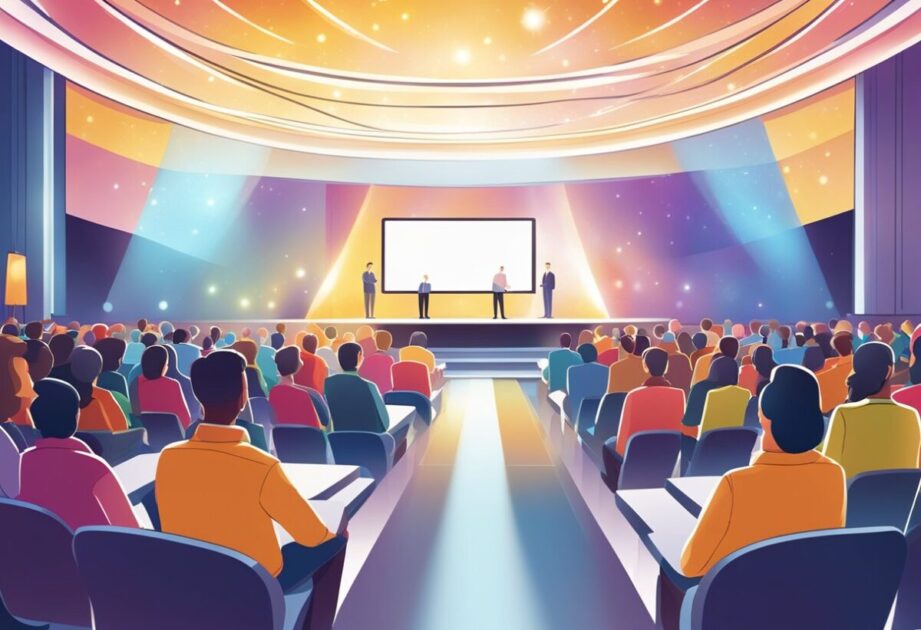 A stage with a podium and large screen backdrop, surrounded by an audience. Bright lights illuminate the space, creating a dynamic and engaging atmosphere for a presentation on innovation