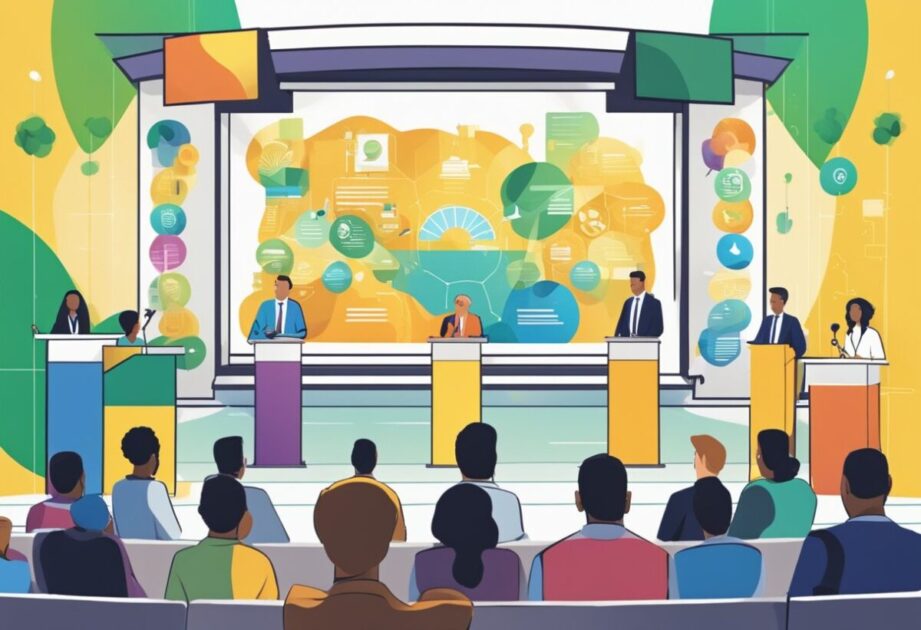 A stage with a podium and microphone, surrounded by a diverse audience. A large screen displays the words "Importance of Innovation in Brazil" and images of the 8 top innovation speakers