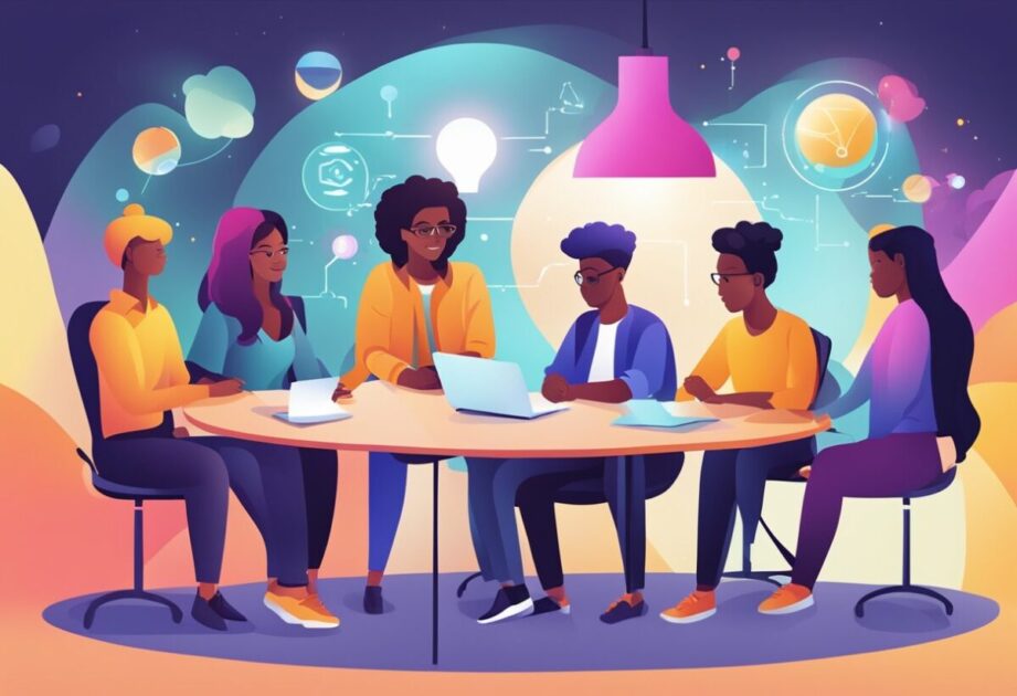 A group of diverse individuals brainstorming and sharing ideas in a creative and collaborative environment. Bright light and vibrant colors symbolize innovation and success