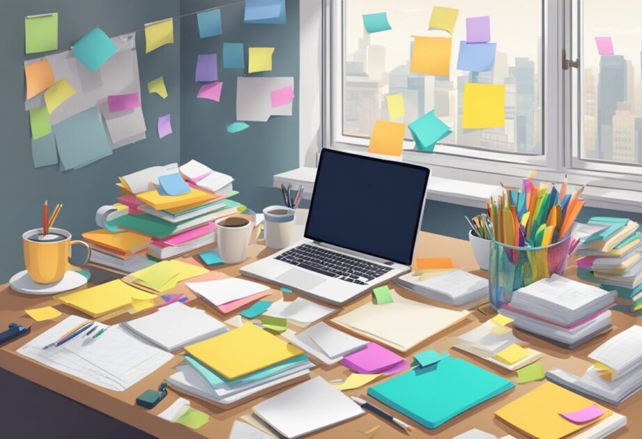 A cluttered desk with scattered papers, a brainstorming board filled with colorful sticky notes, and a shelf of books on innovation and creativity