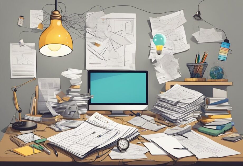 A cluttered desk with scattered papers, a lightbulb shining brightly, and a tangled web of interconnected ideas and concepts