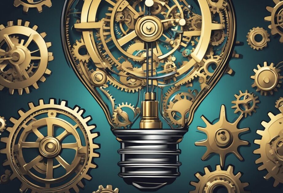 A lightbulb shining brightly, surrounded by gears and cogs, symbolizing innovation and leadership