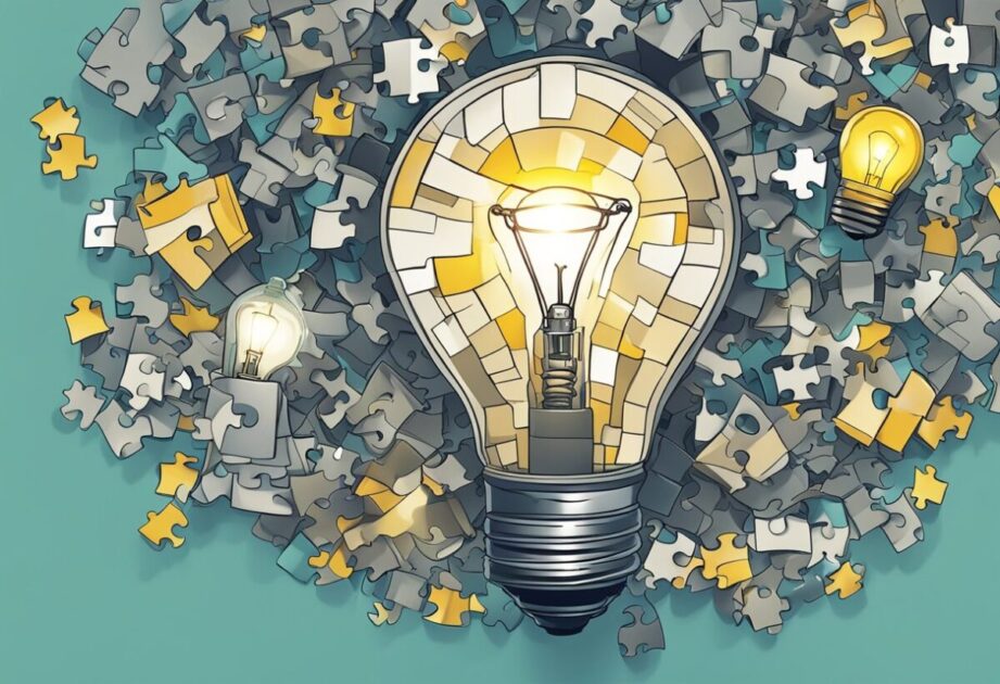 A lightbulb surrounded by puzzle pieces, representing challenges and solutions in implementing innovative ideas