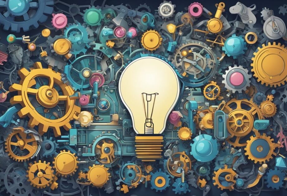 A group of diverse objects, such as a lightbulb, puzzle pieces, and gears, arranged in a dynamic and interconnected composition, symbolizing innovative thinking and its transformative impact on businesses