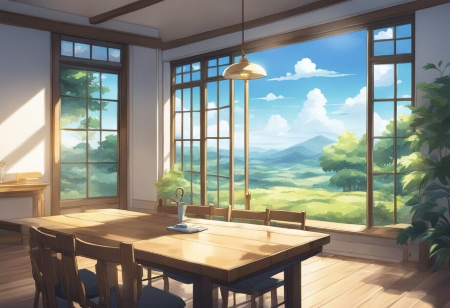 A serene landscape with a single key resting on a plain wooden table, surrounded by minimalistic decor and natural light streaming in through a large window