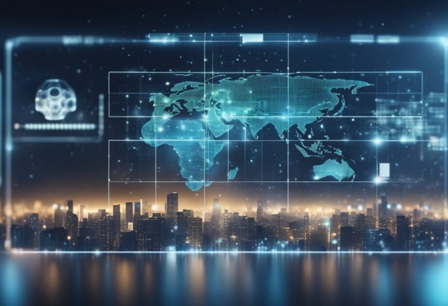 An AI system analyzing patterns in a digital landscape, with data streams and algorithms visualized in a futuristic interface