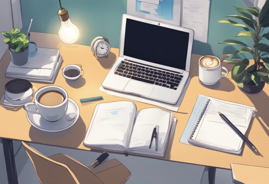 A clean desk with a notebook, pen, and a cup of coffee. A lightbulb symbolizing innovation. A simple, organized space conveys the message of effective planning strategies