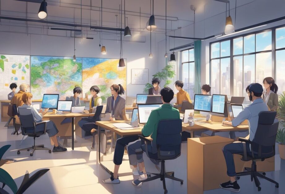 A group of diverse individuals brainstorming ideas in a modern, open office space with bright natural light and colorful, inspirational posters on the walls