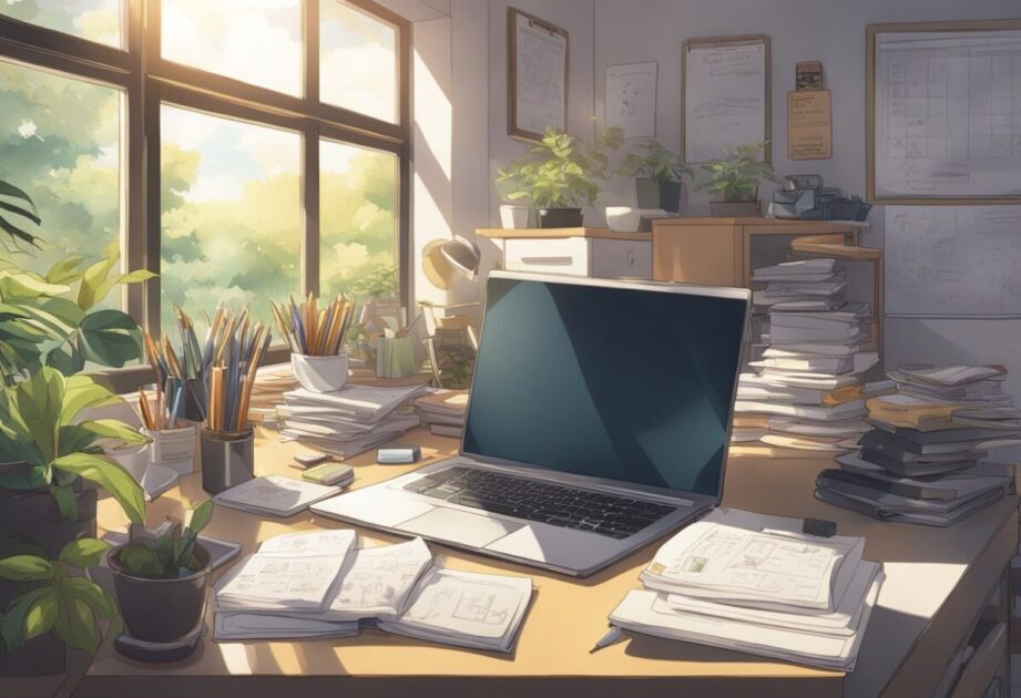 A desk cluttered with notebooks, pens, and a laptop. A motivational poster on the wall reads "Empreender Sem Drama." Sunlight streams in through the window, illuminating the organized chaos of the workspace