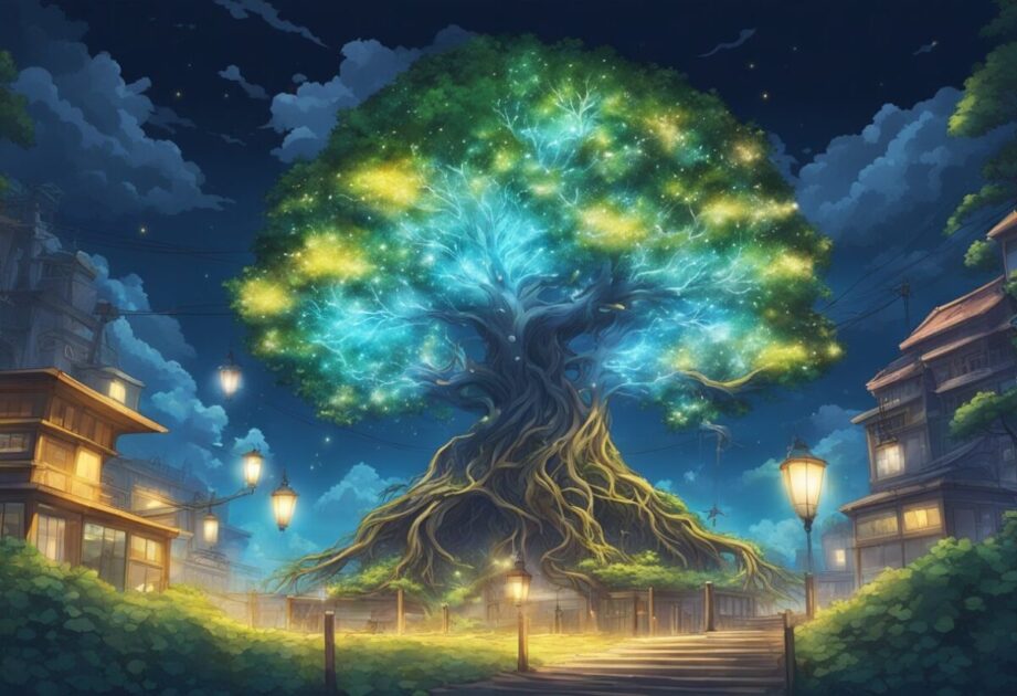 A vibrant, flourishing tree with roots firmly planted in the ground, surrounded by symbols of innovation and growth, such as lightbulbs and upward arrows