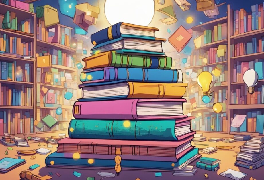 A stack of colorful books with "A Revolução do Pensamento Simples" on top, surrounded by question marks and lightbulbs