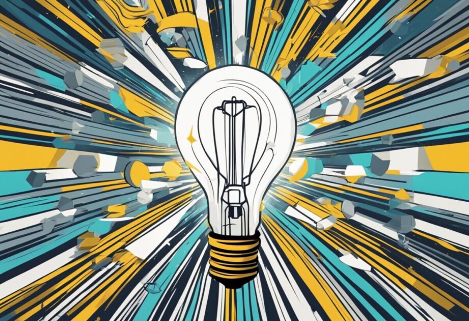 A simplified light bulb surrounded by swirling lines and arrows, representing the revolution of simple thinking and innovation