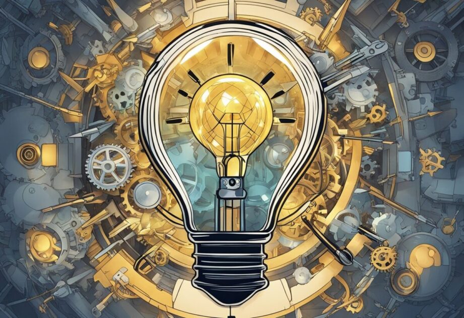 A lightbulb surrounded by gears and arrows, representing the simplicity of innovation