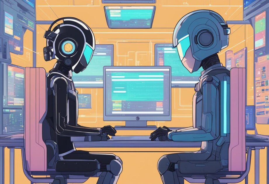 Two AI chatbots facing each other on computer screens, with their names displayed above in bold letters. The screens are surrounded by a futuristic and minimalist interface