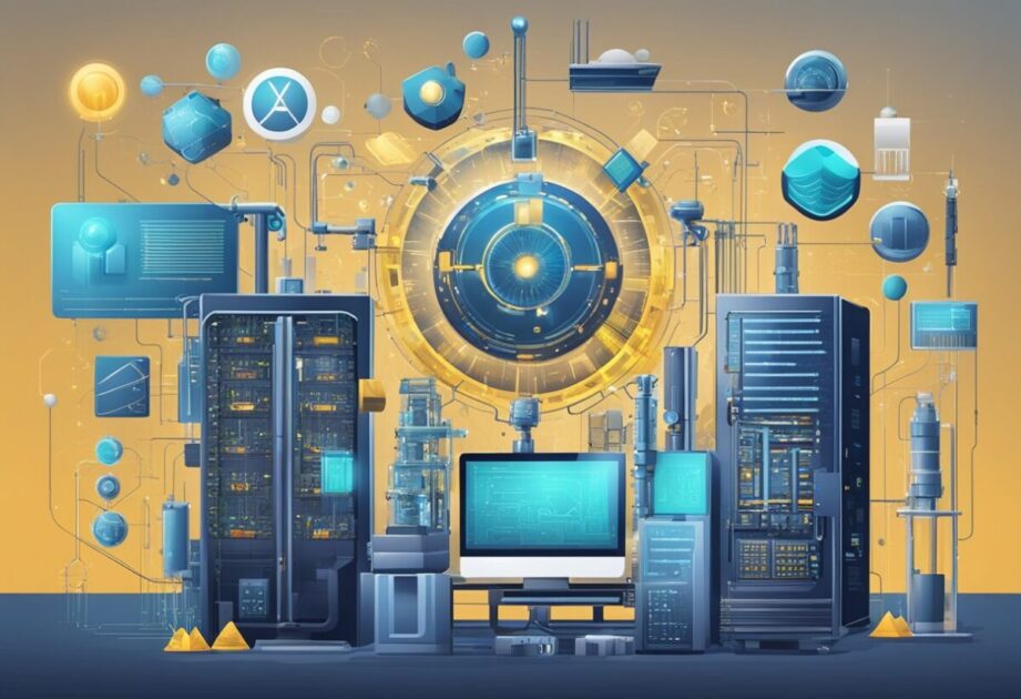 A quantum computer surrounded by various industry symbols, representing its applications in different sectors