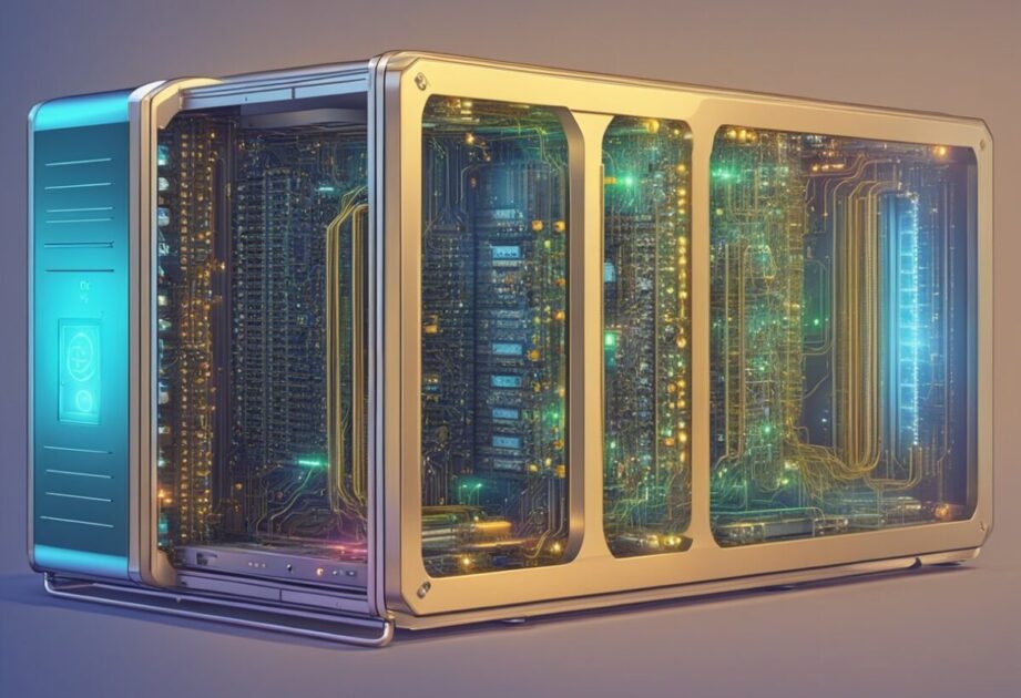 A quantum computer with hardware and technology, displaying password encryption and quantum computing processes