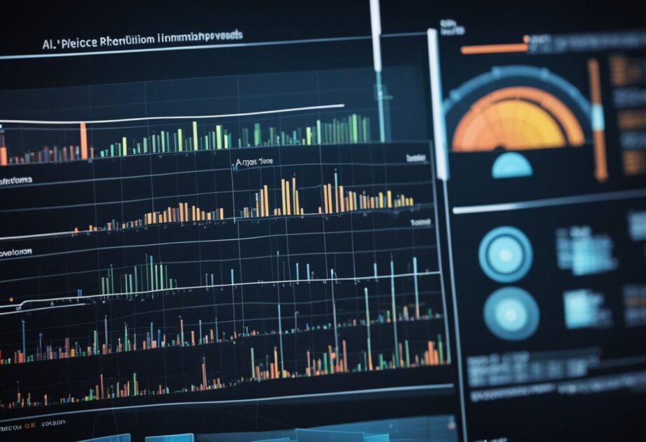 A computer screen displaying AI tools for predictive data analysis. Graphs and charts showing data trends. AI algorithms processing information