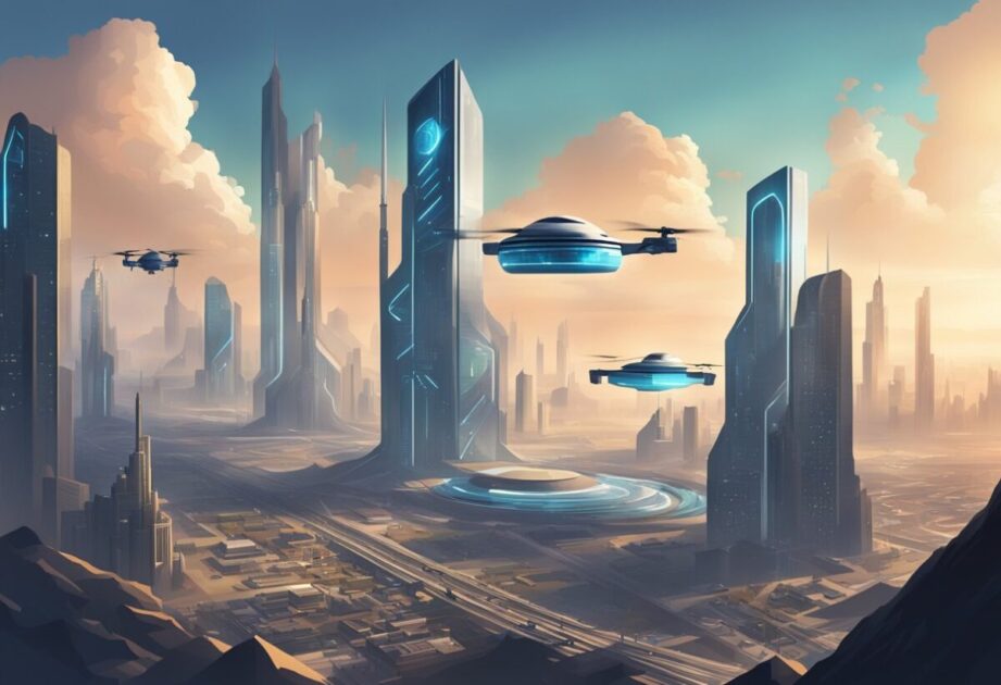 A futuristic cityscape with towering AI-controlled buildings and drones filling the sky, casting an ominous shadow over a deserted landscape