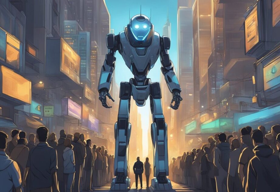 An AI robot stands tall amidst a bustling city, casting a shadow over the people below. Its glowing eyes and sleek metallic body exude power and control, sparking fear and uncertainty in the surrounding crowd