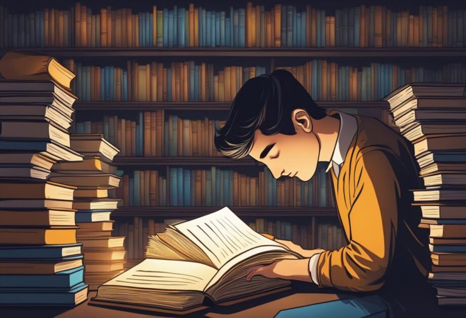 A person surrounded by books, deep in concentration, with a spotlight shining on the pages