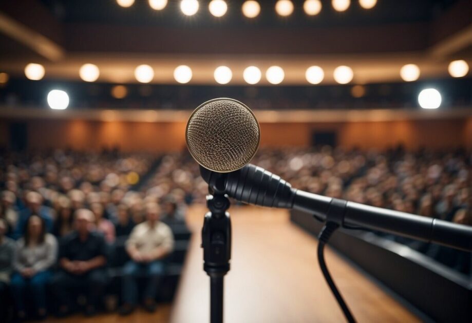 A podium with a microphone and audience in a large auditorium. Bright lights illuminate the stage, creating a sense of importance and inspiration