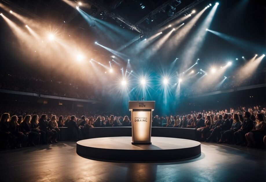 A stage with a podium, surrounded by a large audience. Bright lights illuminate the area, creating a sense of grandeur and importance. The backdrop features the title of the event in bold, attention-grabbing lettering