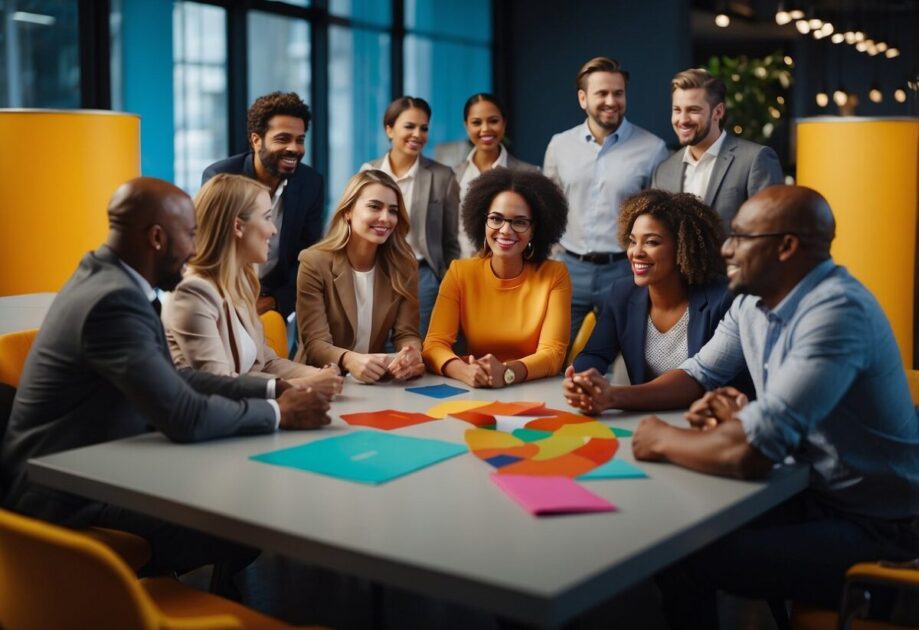 A group of diverse individuals engage in inspiring discussions, surrounded by symbols of education and entrepreneurship. Bright colors and dynamic poses capture the energy of the event