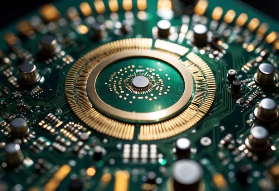 A circuit board with intricate patterns and components, surrounded by a halo of light, symbolizing the impact of Moore's Law on hardware evolution