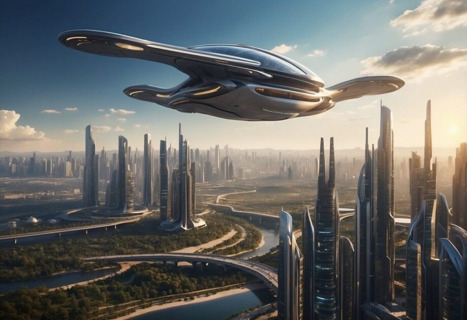 A futuristic cityscape with sleek, advanced buildings and flying vehicles. The skyline is dominated by towering structures, showcasing the impact of technological advancements