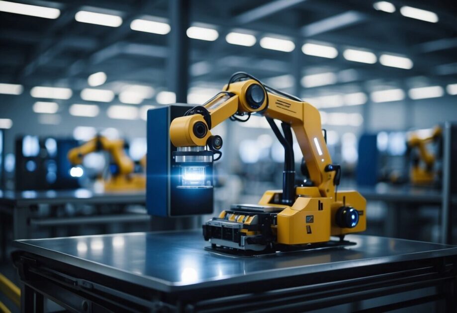 A futuristic factory with advanced machinery and robotic arms, producing cutting-edge technology. Global market connections symbolized by a network of trade routes and communication lines