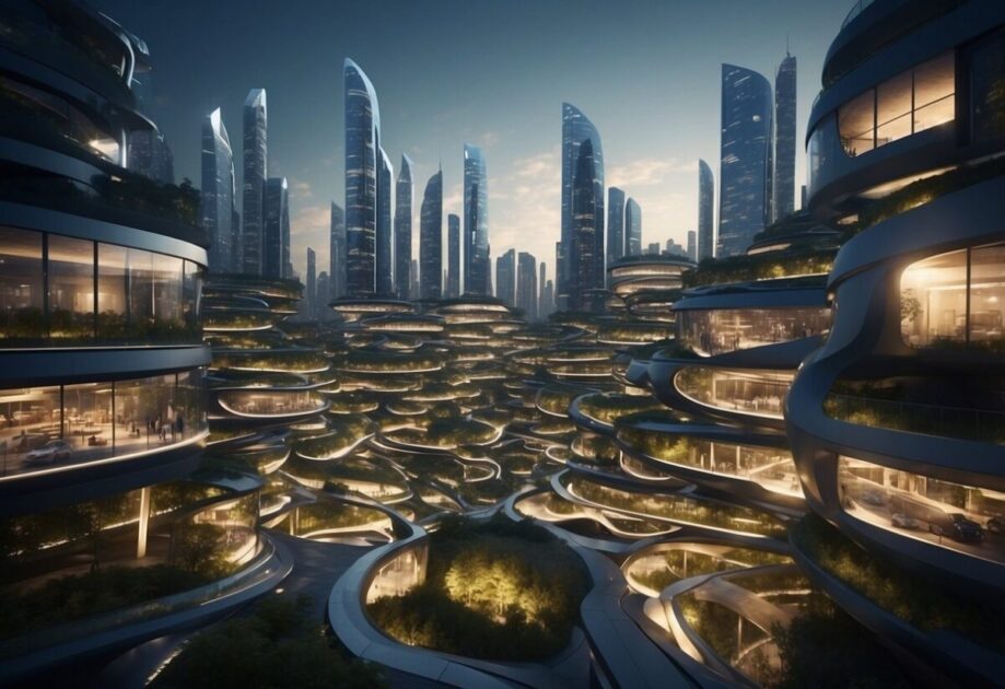 A futuristic city with sustainable infrastructure and advanced technology, showcasing the evolution of technology through visual representations of the Moore's Law