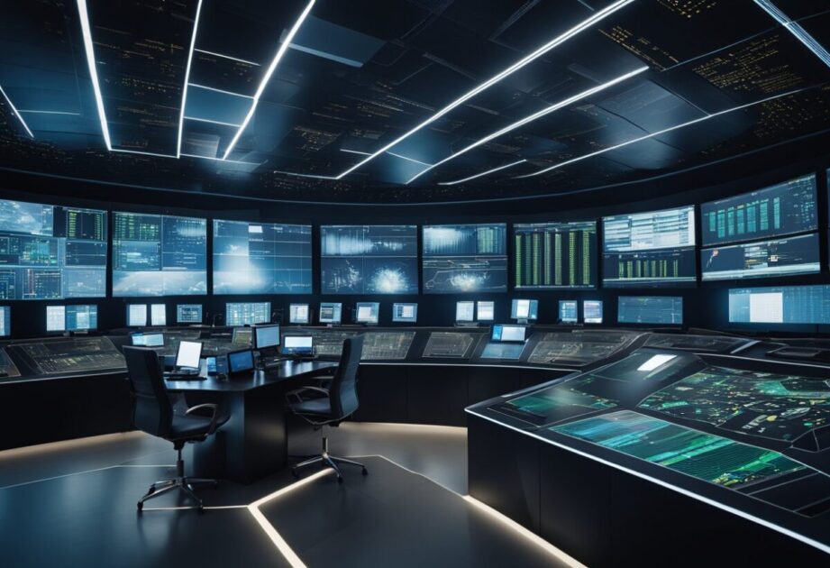 A futuristic control room with AI algorithms analyzing data for organizational and logistical operations. Screens display various scenarios and predictive models