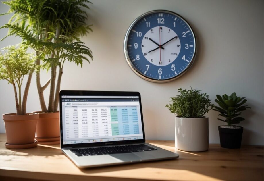 A desk with a laptop, charts, and graphs. A growth chart on the wall. A plant thriving in the sunlight. A clock showing progress. A satisfied customer review displayed