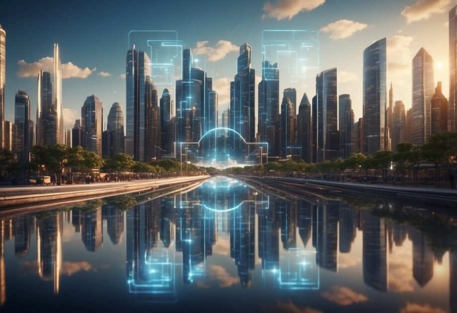 A futuristic cityscape with holographic displays and interconnected virtual environments, showcasing the potential of the metaverse