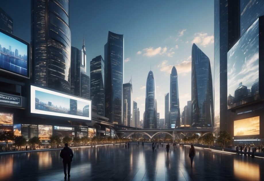 A bustling metaverse city with futuristic skyscrapers, digital billboards displaying investment and economic data, and avatars engaging in virtual commerce and financial activities