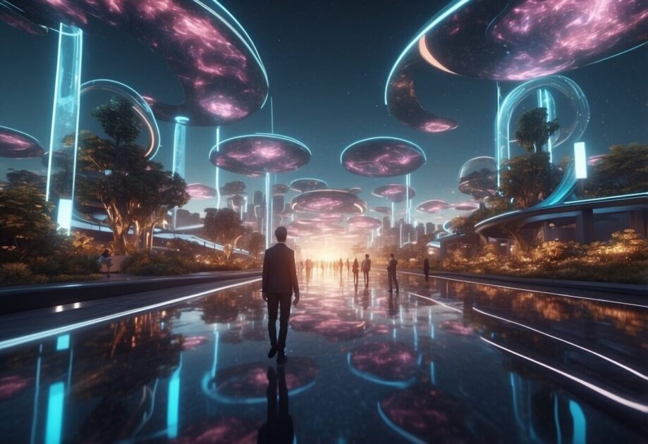 A futuristic metaverse landscape with glowing digital structures and virtual avatars interacting in a bustling virtual world