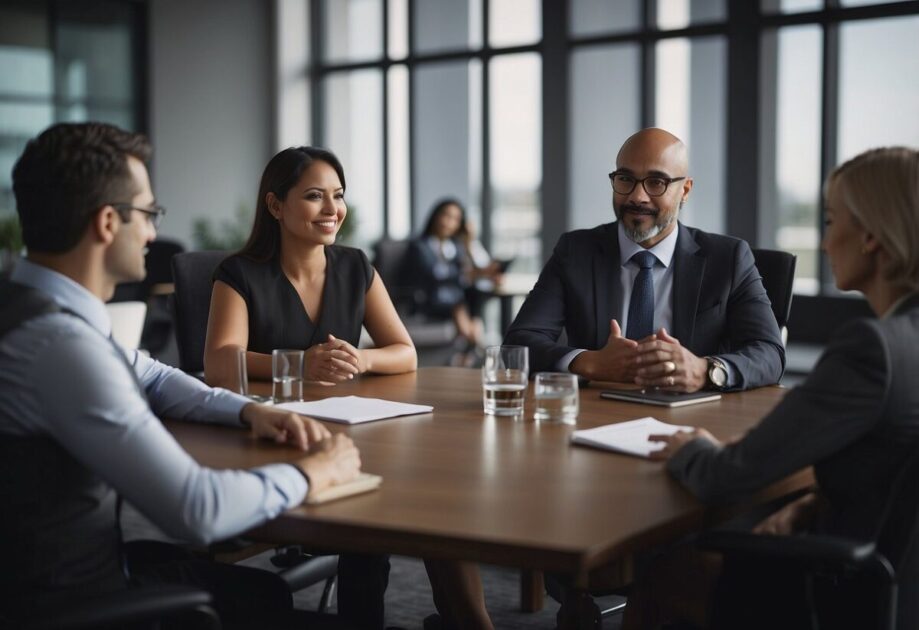 A group of business professionals sitting around a table, engaged in a strategic discussion with a knowledgeable and experienced advisor guiding the conversation