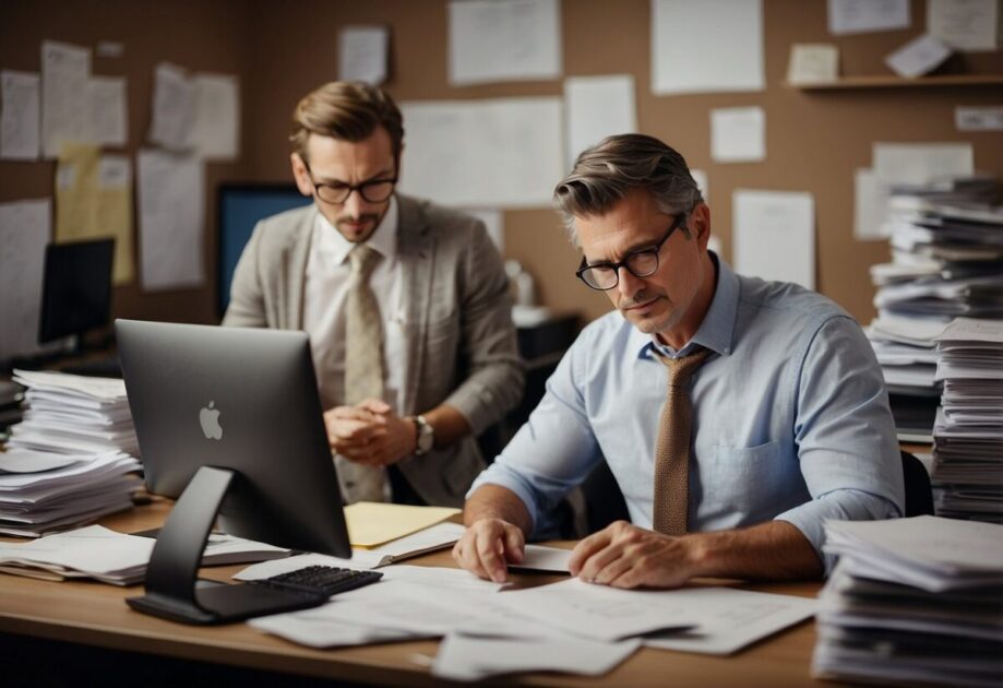 A business owner sits at a desk, surrounded by papers and computer screens, while a consultant listens attentively and takes notes