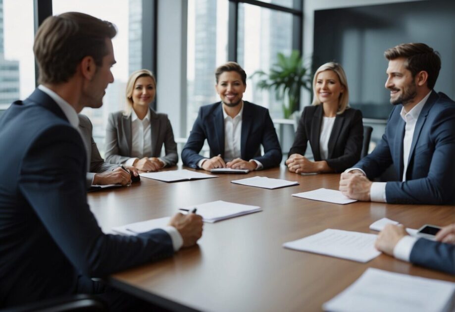 A panel of professionals conducting interviews with candidates for a company advisor role. Tables and chairs arranged in a formal setting, with resumes and notes spread out