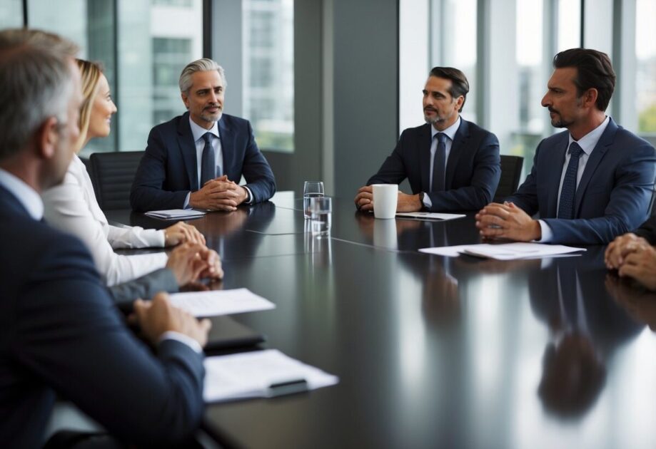 A group of executives gathered around a conference table, engaged in a lively discussion. One person stands out as the leader, confidently guiding the conversation with a sense of authority and expertise